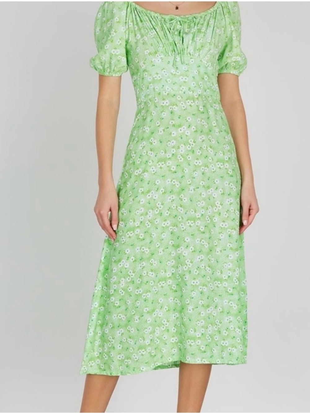Faithfull the Brand Mint Green Floral Midi Dress with Puff Sleeves